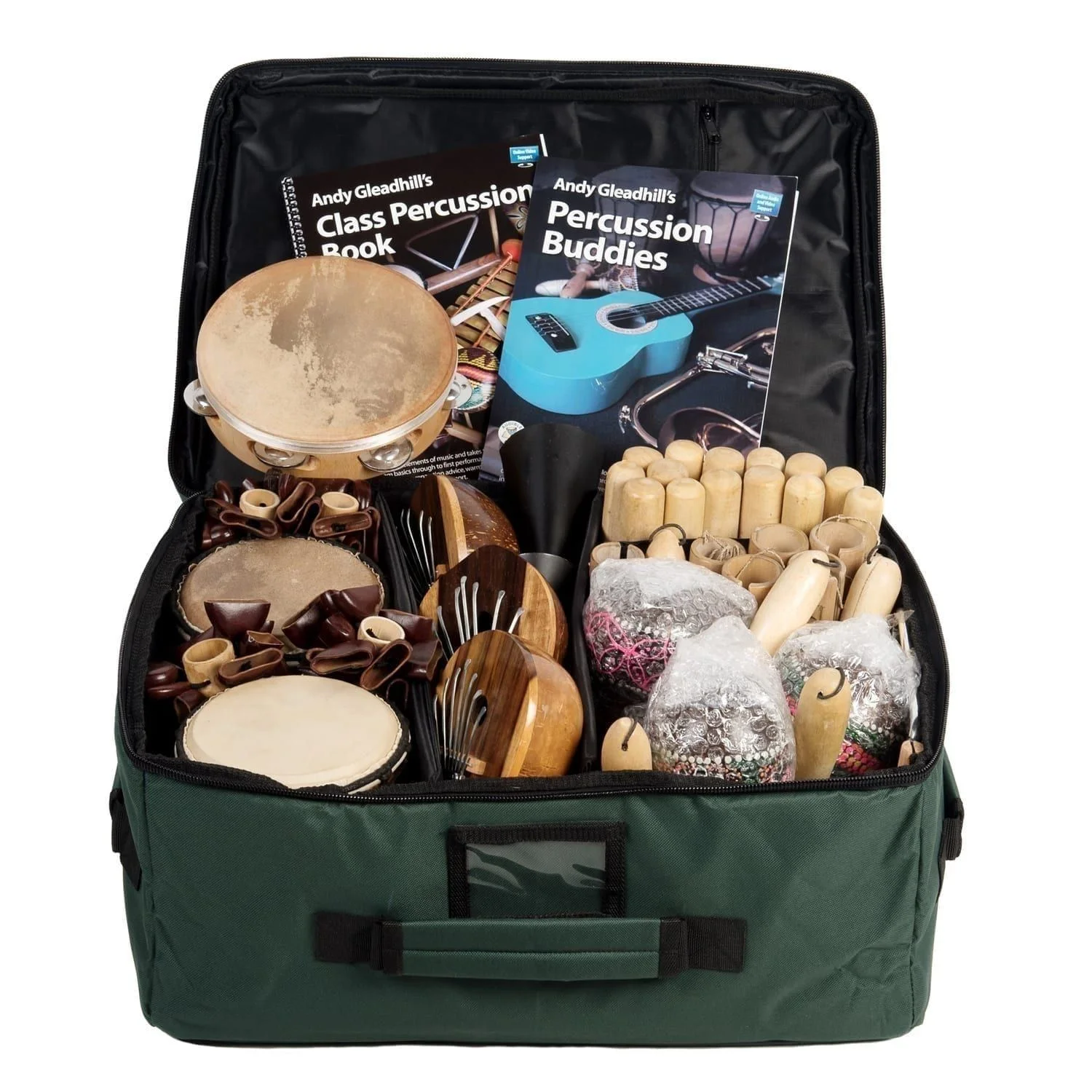 Open Percussion Storage Carry Bag Small in green nylon with compartments, packed with tambourine and shakers