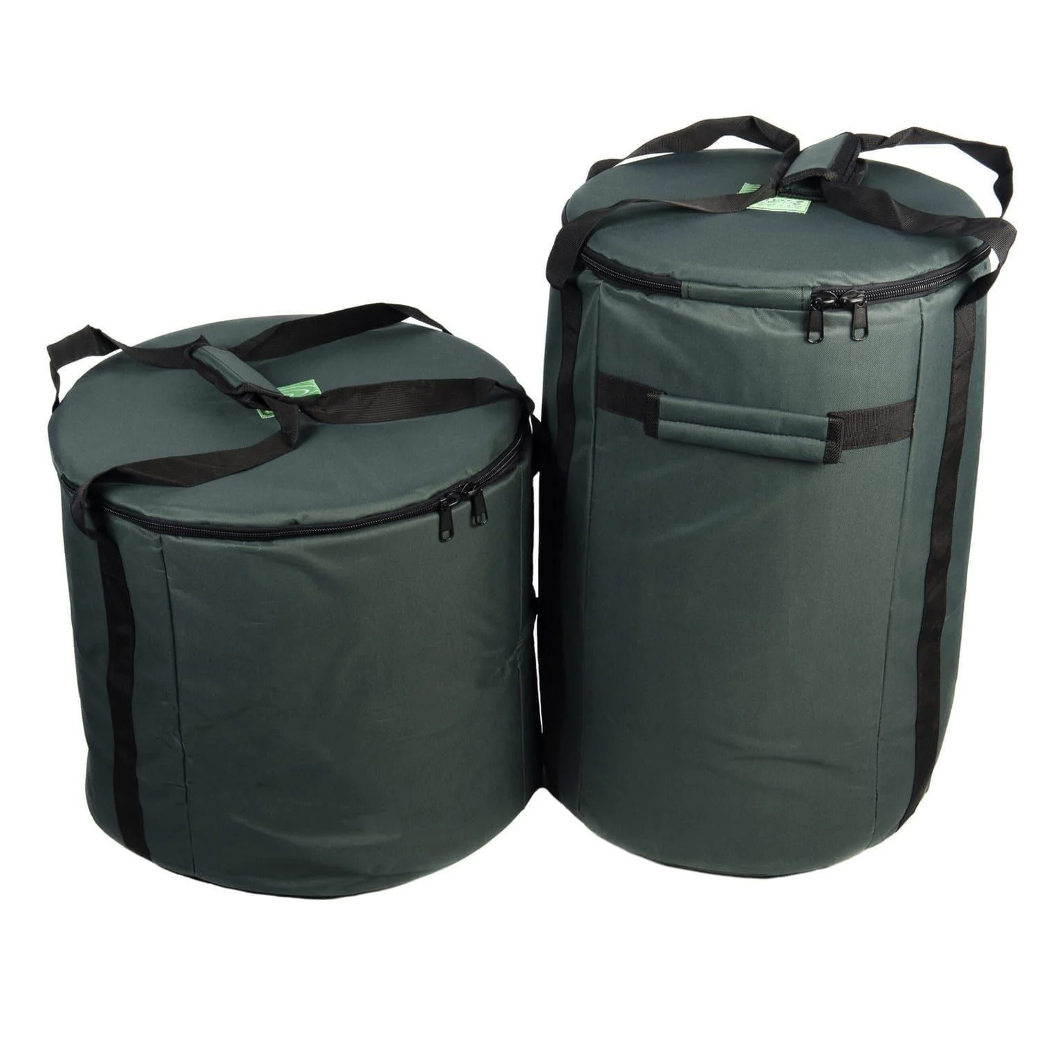 This is a product image of the Storage Carry Bags for 5 Brazilian Samba Primary Big Drums. The bags are both green with straps for carrying, and the contents are accessed through a zipped top section on each. There are two bags - the left hand bag is for the three nesting Surdo drums. The right hand bag will store a Caixa and Repinique.