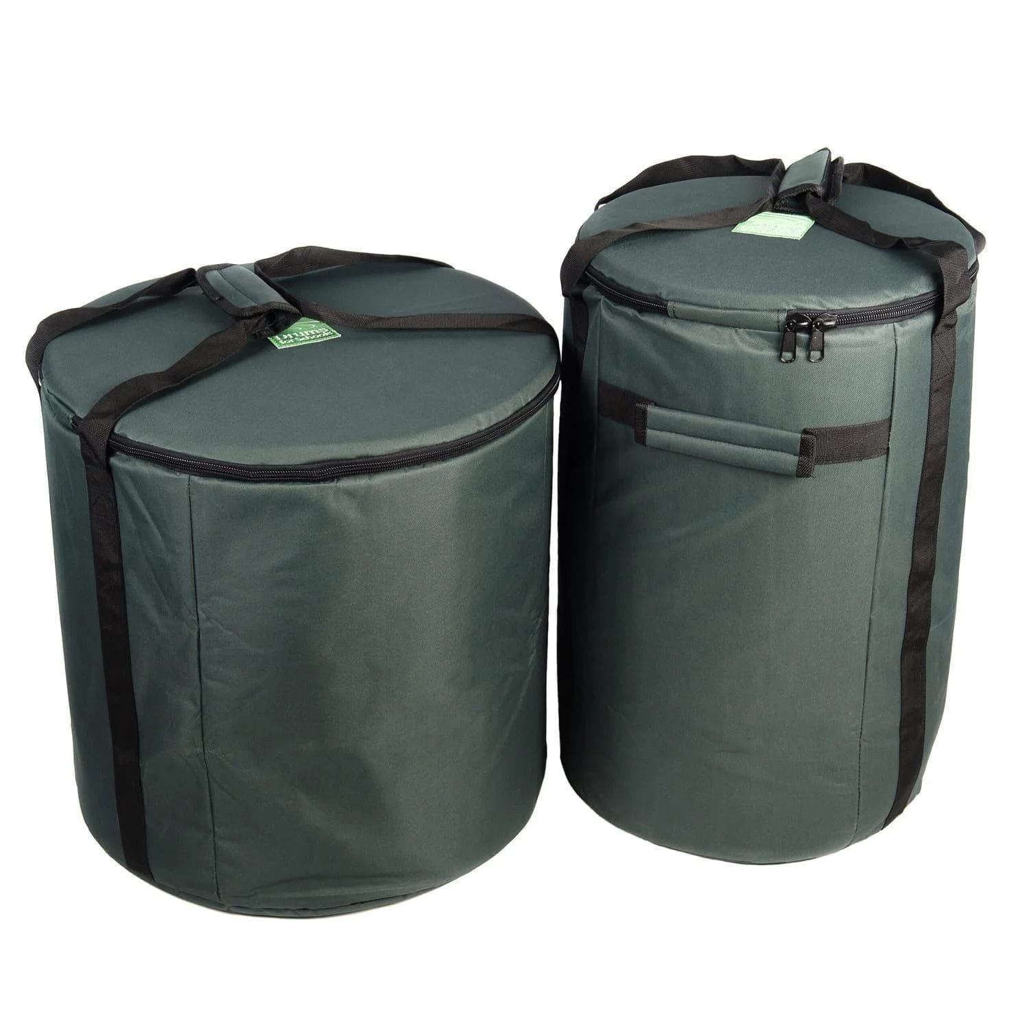 This is a product image of the Storage Carry Bags for 5 Brazilian Samba Secondary Big Drums. The bags are both green with straps for carrying, and the contents are accessed through a zipped top section on each. There are two bags - the left hand bag is for the three nesting Surdo drums. The right hand bag will store a Caixa and Repinique.
