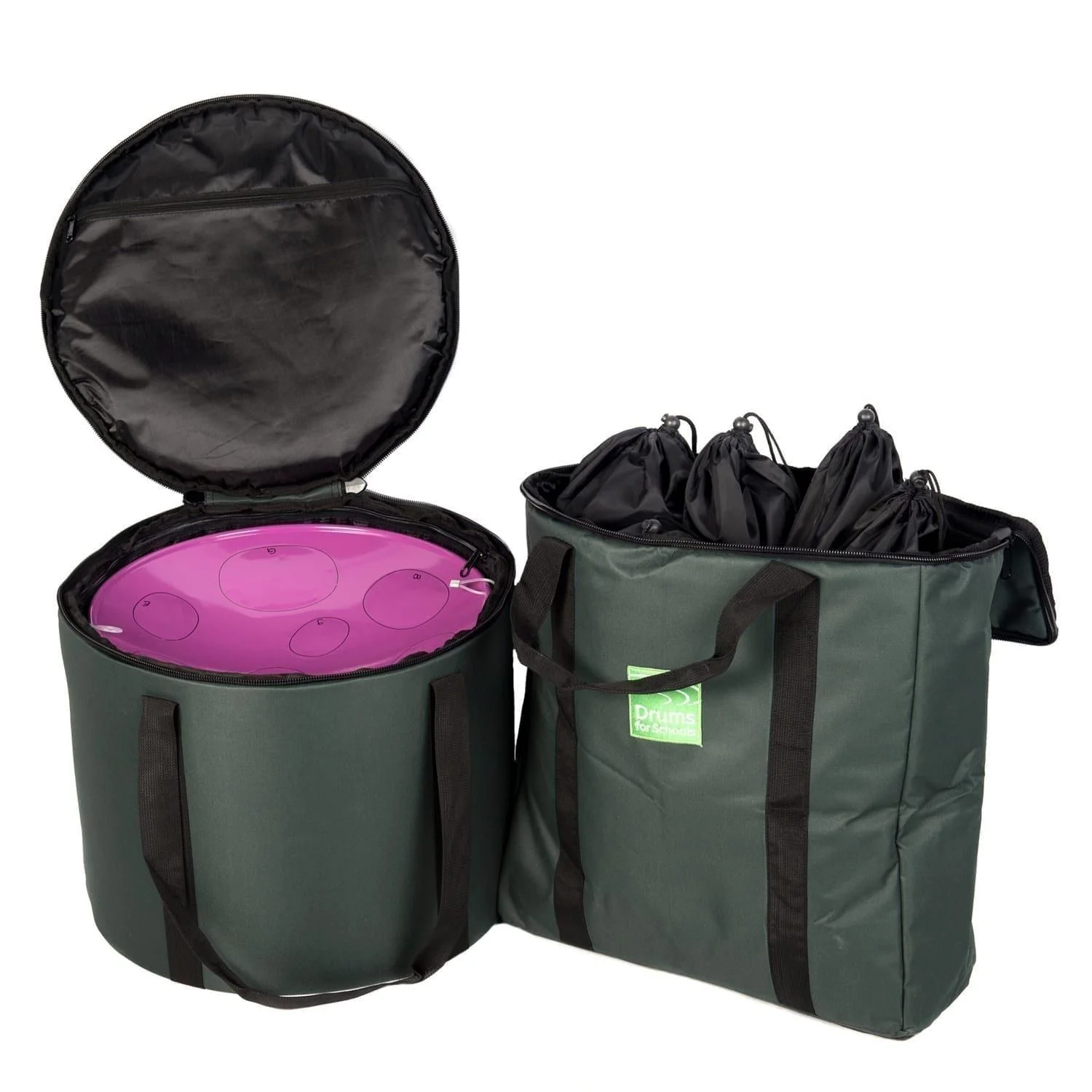 Storage Carry Bag for 5 x Jumbie Jam Steel Pans, with sample contents inside.