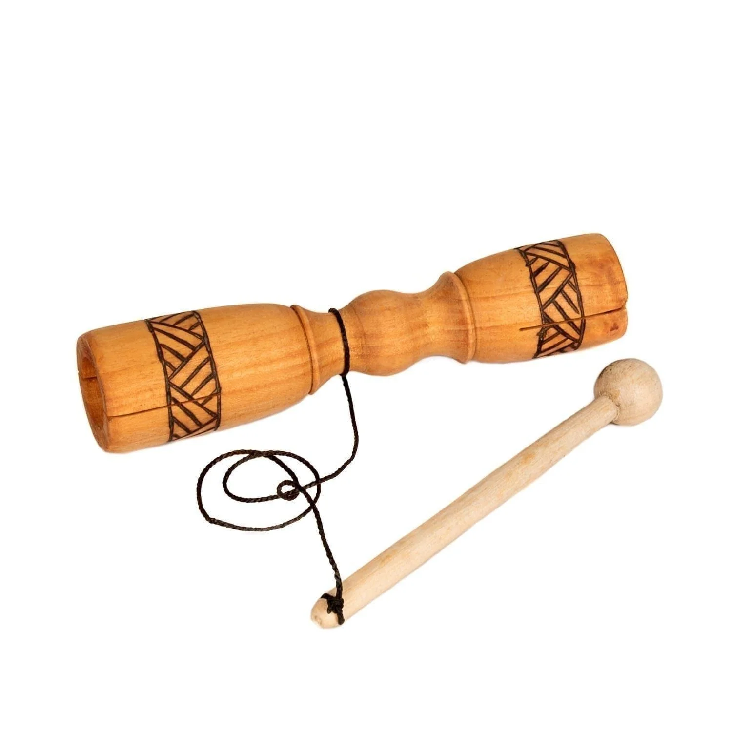 Carved Tik Tok Tone Block with two-ended wooden body, black cord and matching beater