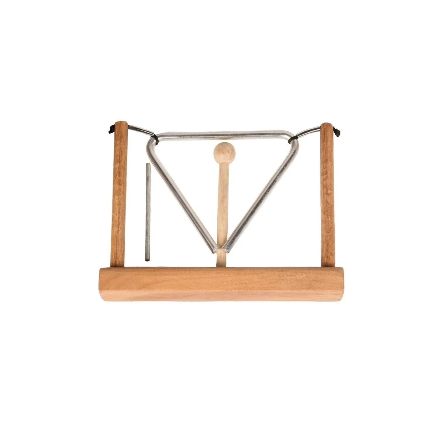 This is a product image of a Triangle on Stand. The wooden stand has two struts which support a tied metal triangle. The beater and metal striker have been placed in front of the instrument. The image showing the instrument in compact laid out.