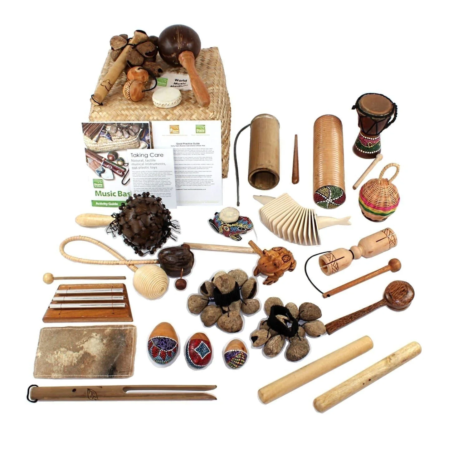 World Music Basket - Medium - 23 Instruments, with the contents laid out flat outside of the basket.