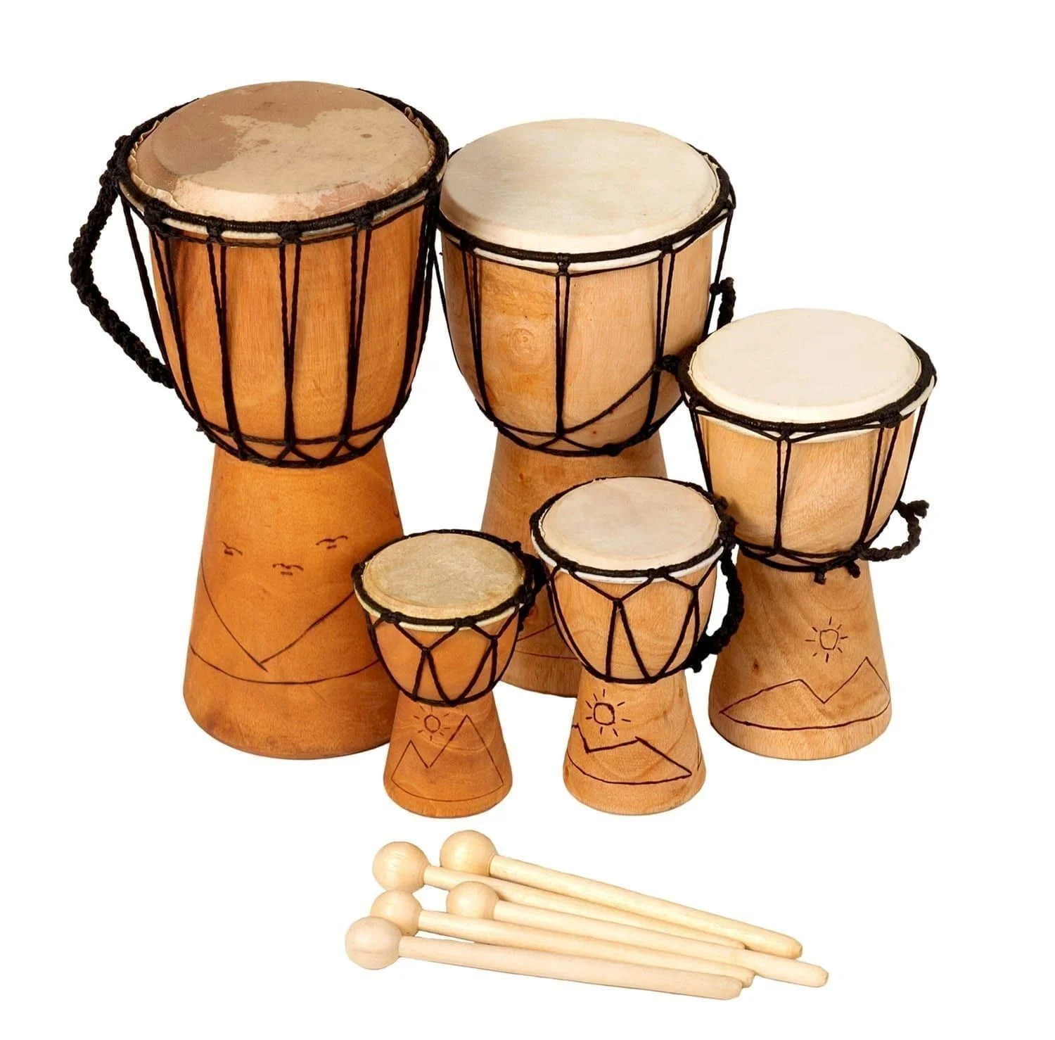 This is a product image of Drums for Schools' Mixed Pack of 5 Budget Djembe Drums 12-15-20-25-30cm high, Early Years