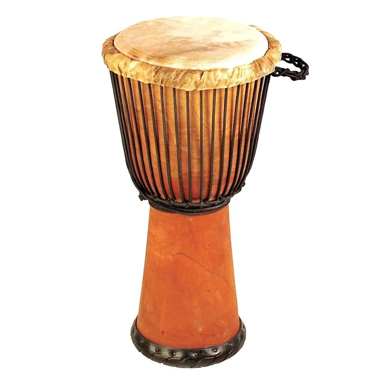 West African handcrafted Djembe drum with a 10.5-inch diameter and 60cm height, featuring a natural wooden design and rope tuning for authentic drumming.