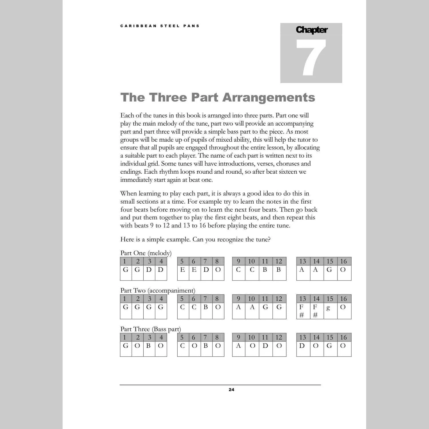 Image showing a page of Three Part Arrangements from Andy Gleadhill's Caribbean Steel Pans teaching guide