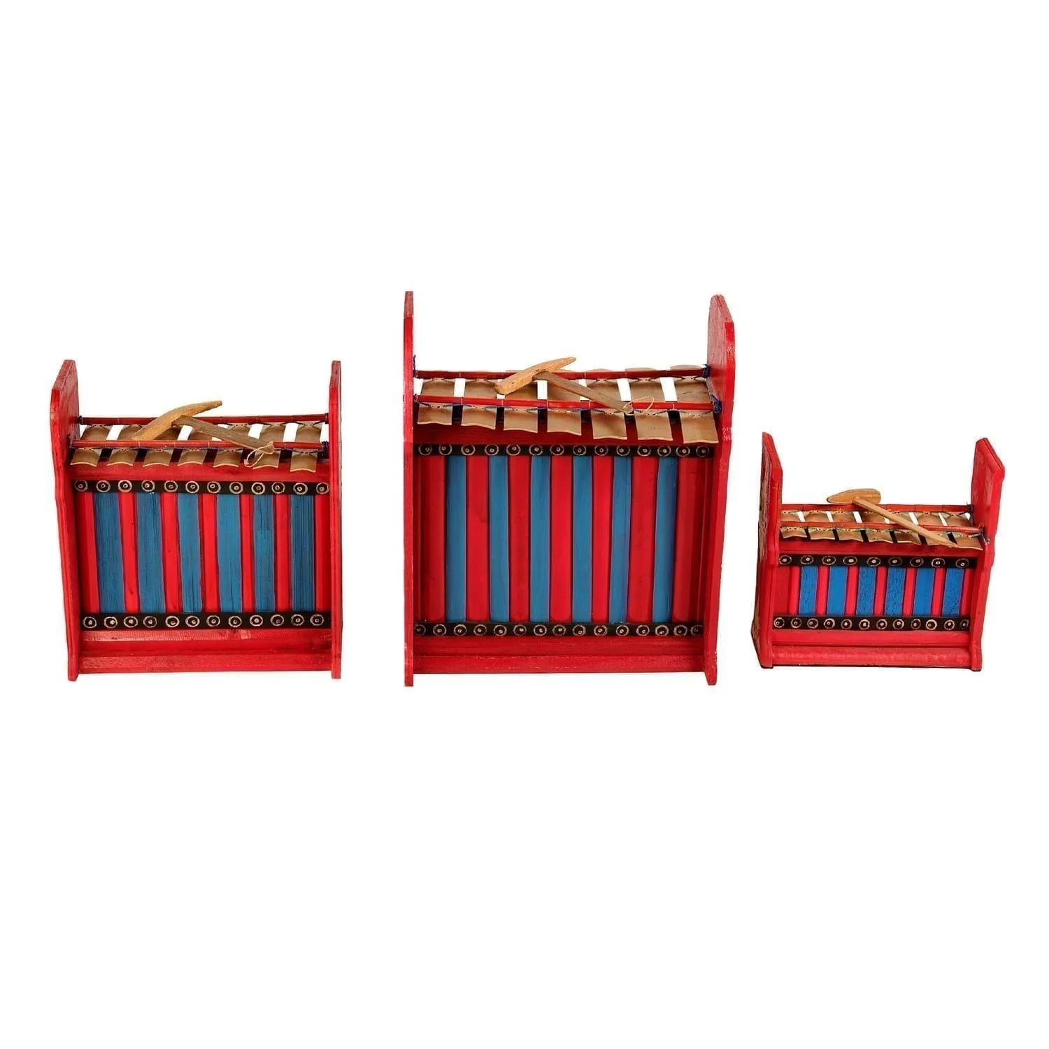 This is a product image of Drums for Schools Set of Gamelan Budget 7 key - Small, Medium, Large. The three sizes gamelan are placed in a row, shoot in diagonal angle.