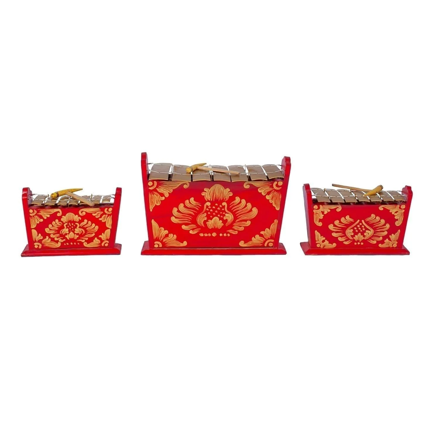 This is a product image of Drums for Schools Set of Gamelan Standard 7 key - Small, Medium, Large. The three sizes gamelan are placed in a row.