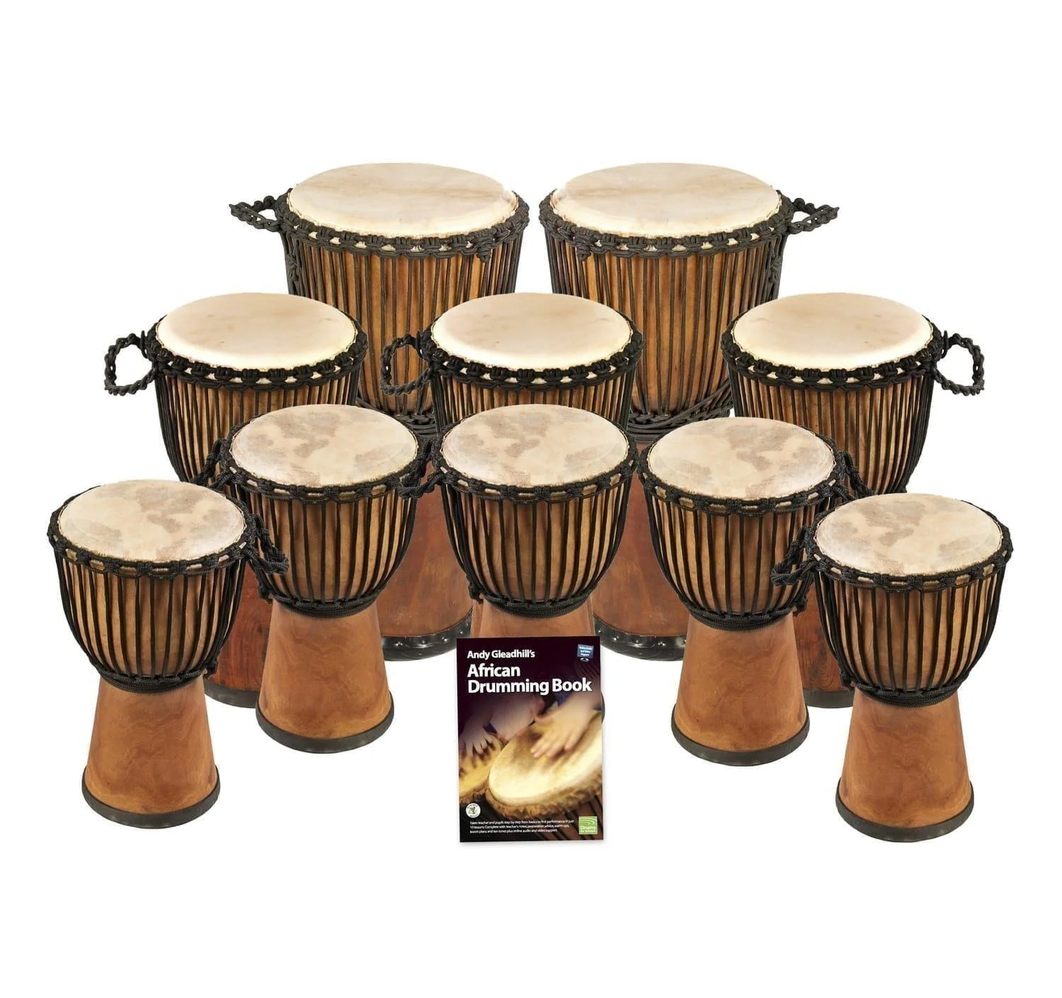 West African Drumming - Secondary - 10 Wide Top Djembe Drum Set with an African Drumming Book.