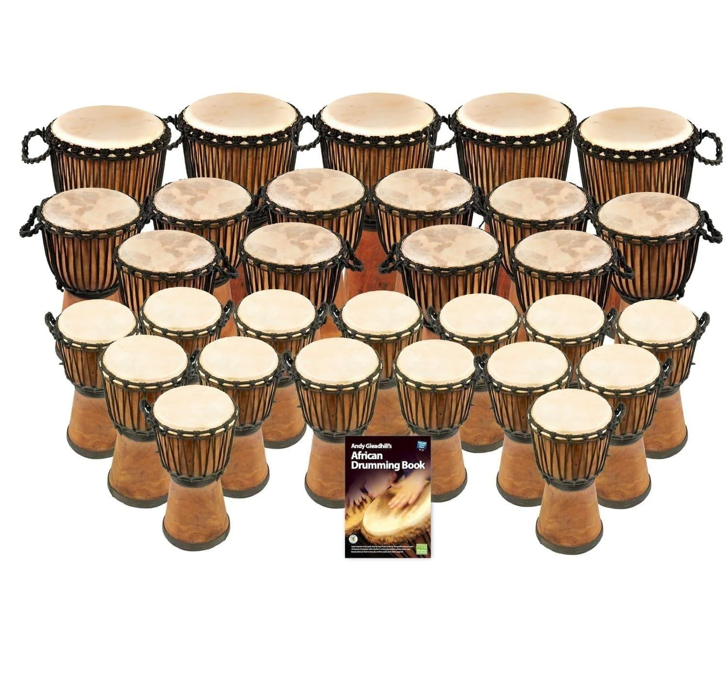 West African Drumming 30 Player Pro Wide Top Primary Djembe Pack with an African Drumming Book.