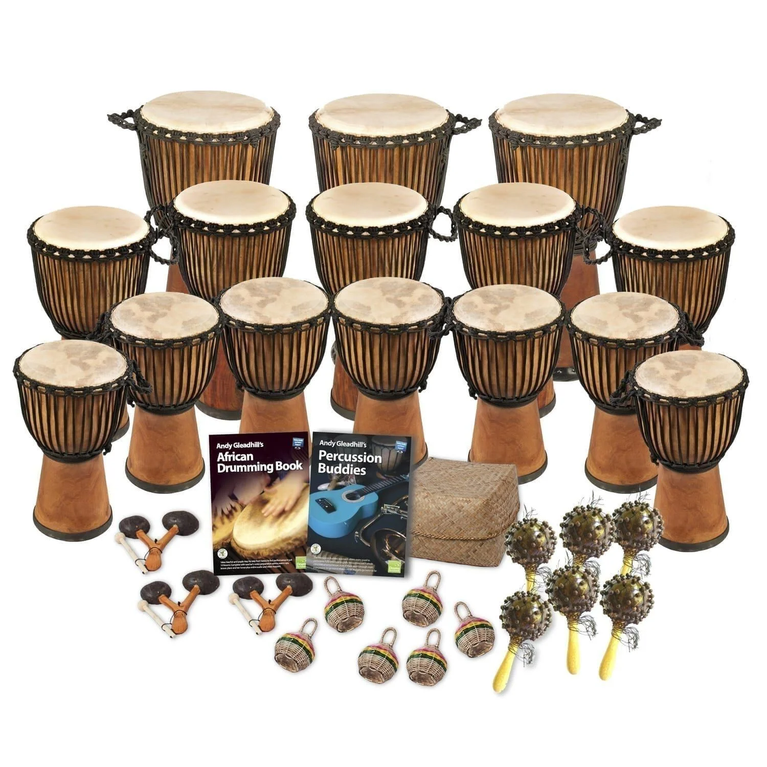 African Drumming Secondary 30 Player Pro Wide Top Buddies with wide top djembes, buddy percussion instruments, and Andy Gleadhill teaching books