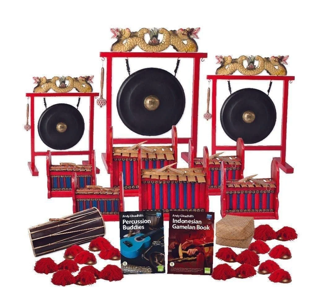 Indonesian Gamelan 20 Player Budget Buddies Pack with gongs, metallophones, Balinese drum, ceng ceng cymbals and Andy Gleadhill teaching books