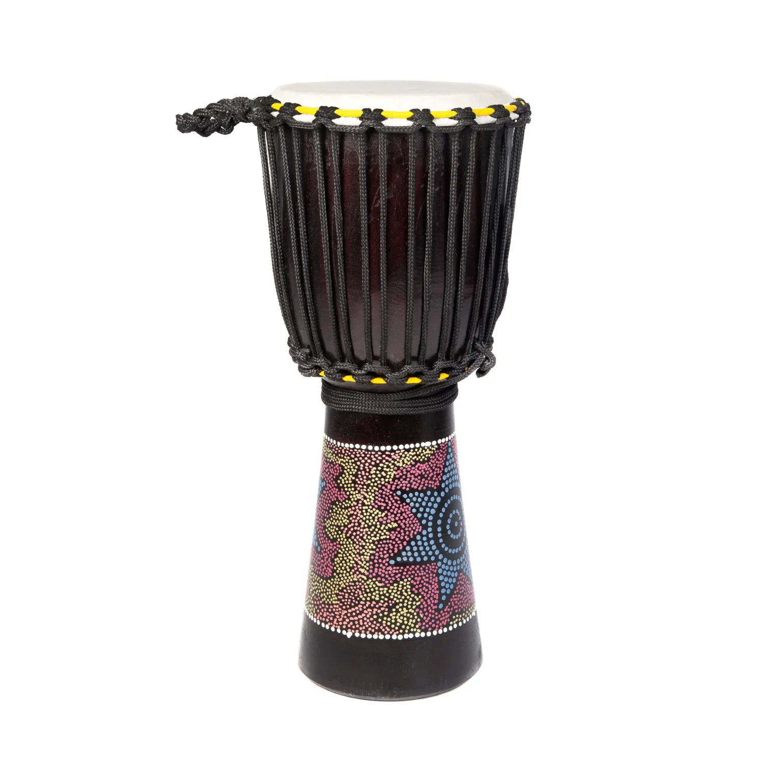 Painted wooden djembe drum with black rope tuning and colourful dot-art pattern on the base
