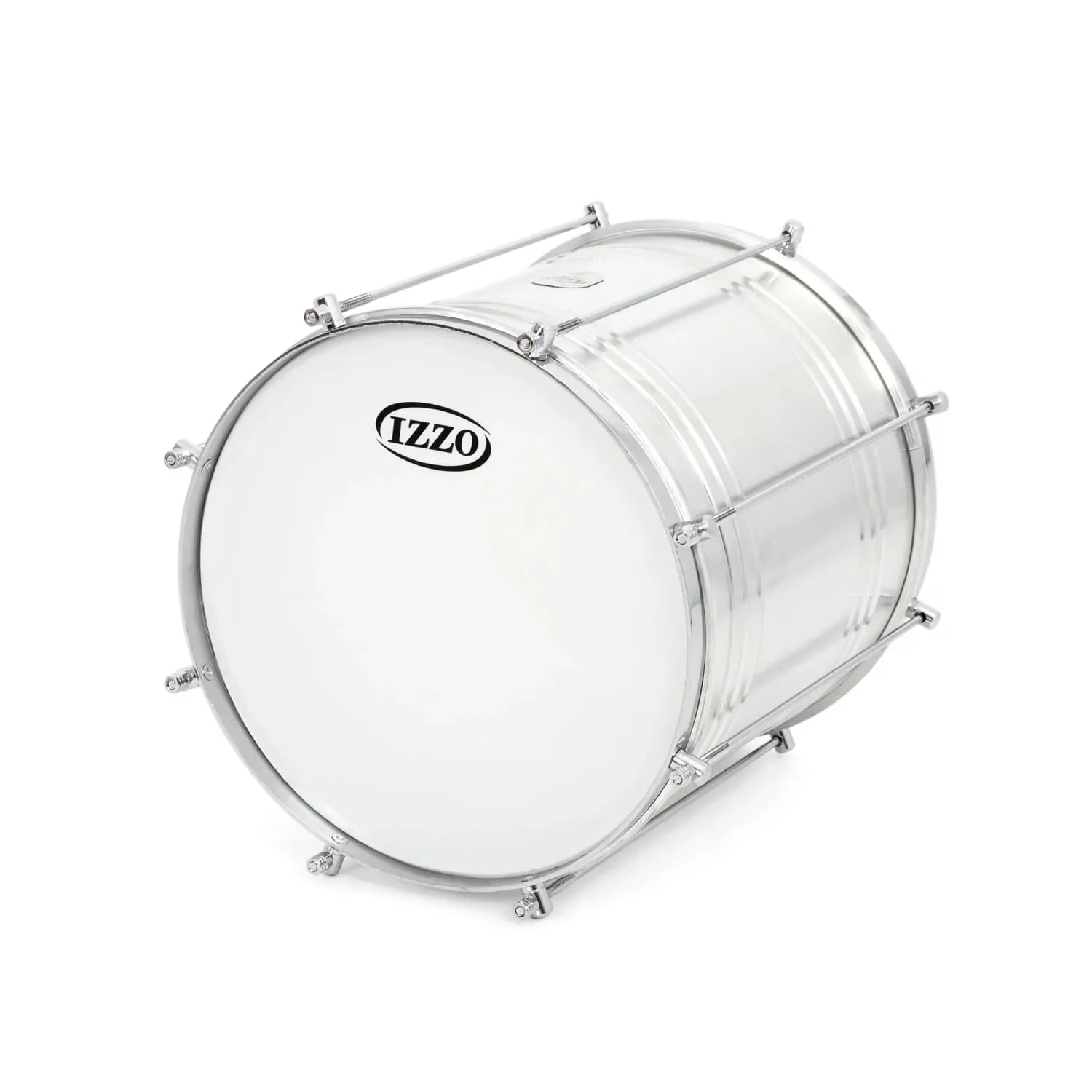 Side view of 12-inch Repinique drum by Izzo with a polished metal body and white drumhead, showcasing a sleek design with tension rods for tuning.