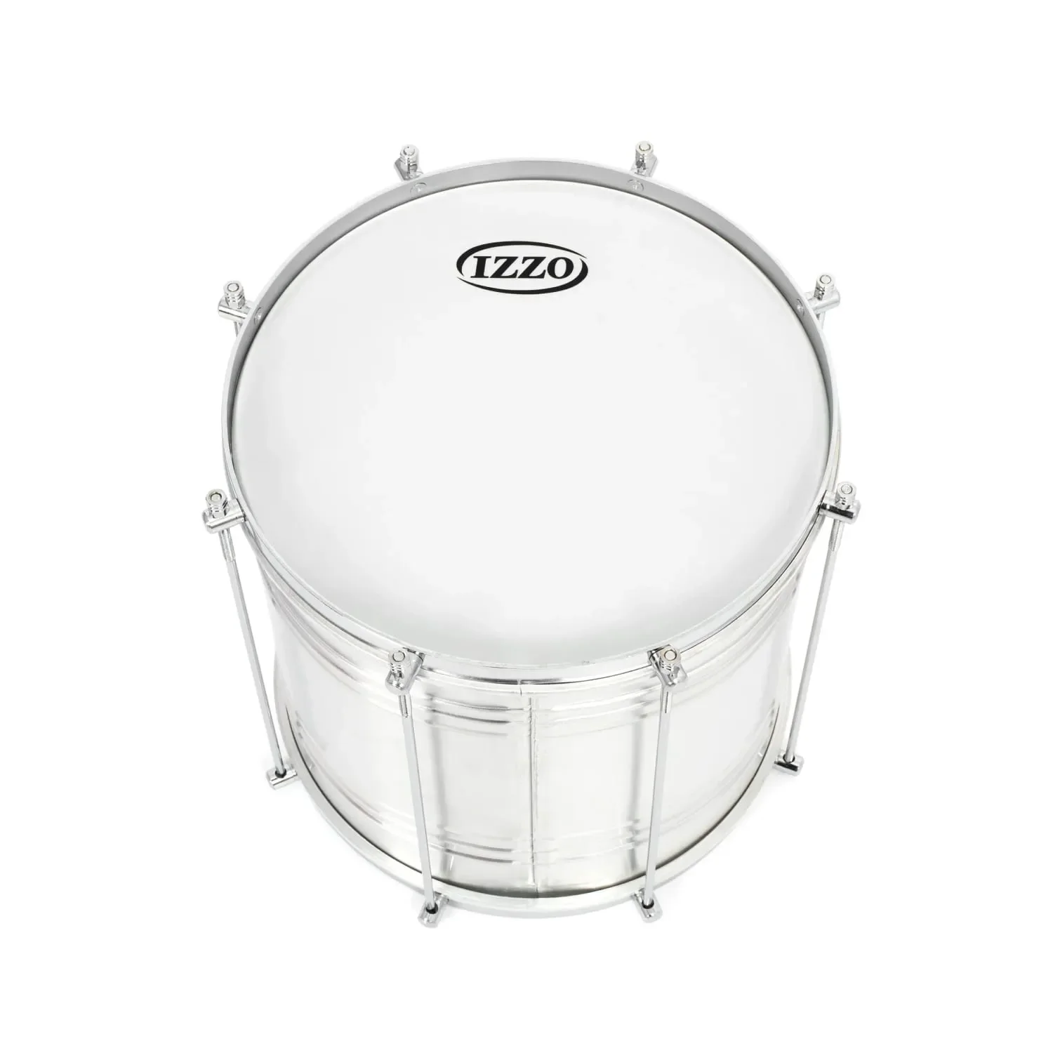12-inch Repinique drum by Izzo with a polished metal body and white drumhead, showcasing a sleek design with tension rods for tuning.