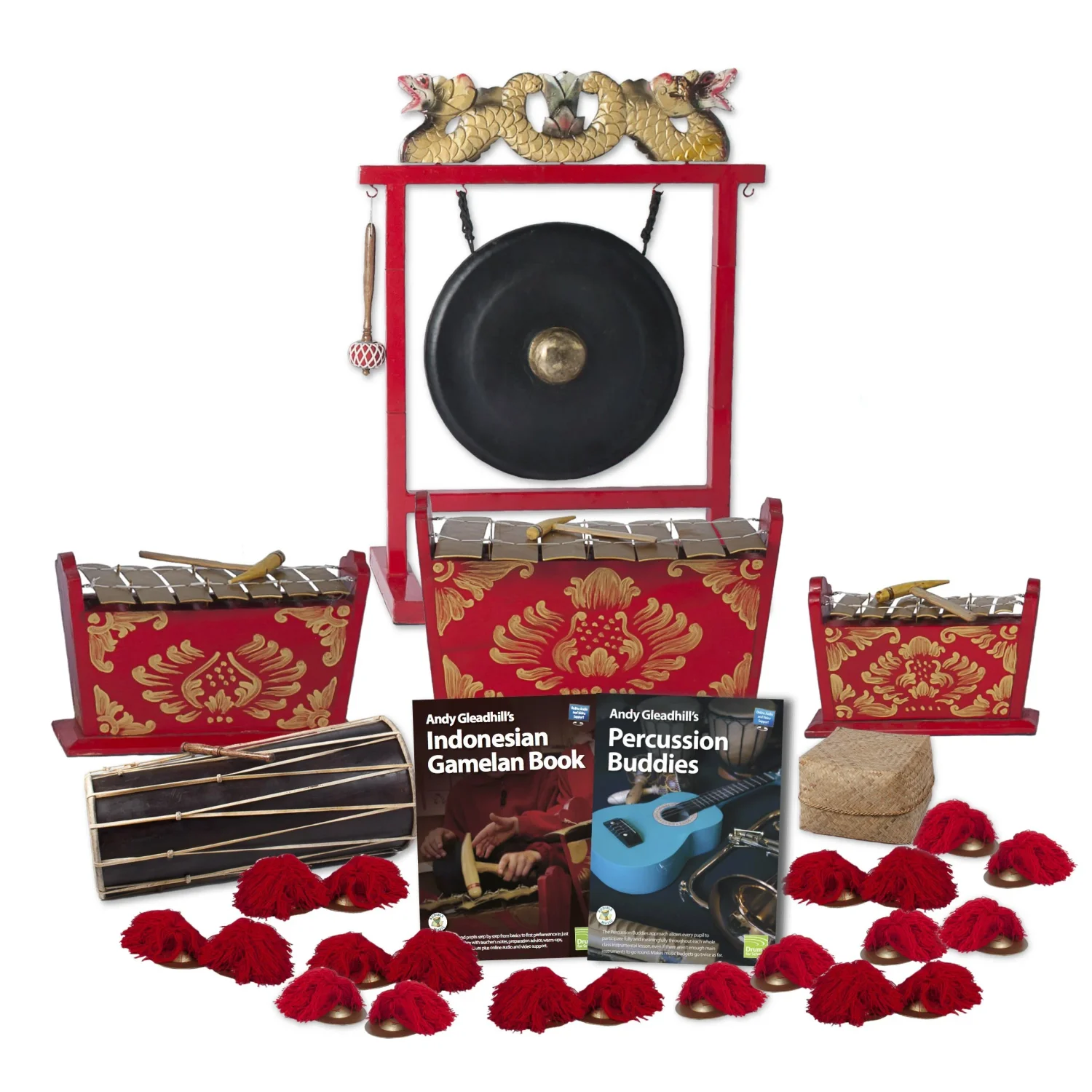 Indonesian Gamelan Standard 15 Player Class Pack Budget Buddies with gong, metallophones, Balinese drum, ceng ceng and teaching books