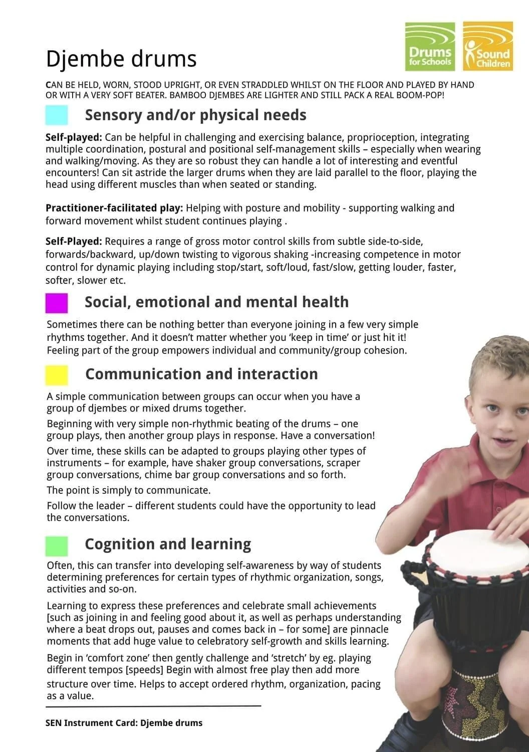SEN Instrument Card: Djembe drums. Child playing a small, hand-carved wooden Djembe drum, ideal for early years music education.