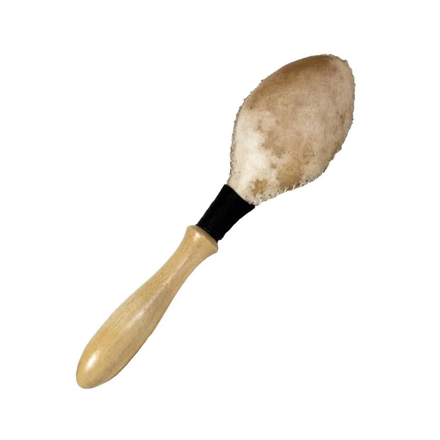 Goatskin Maraca with wooden handle and stitched hide head, finished with a black neck wrap.