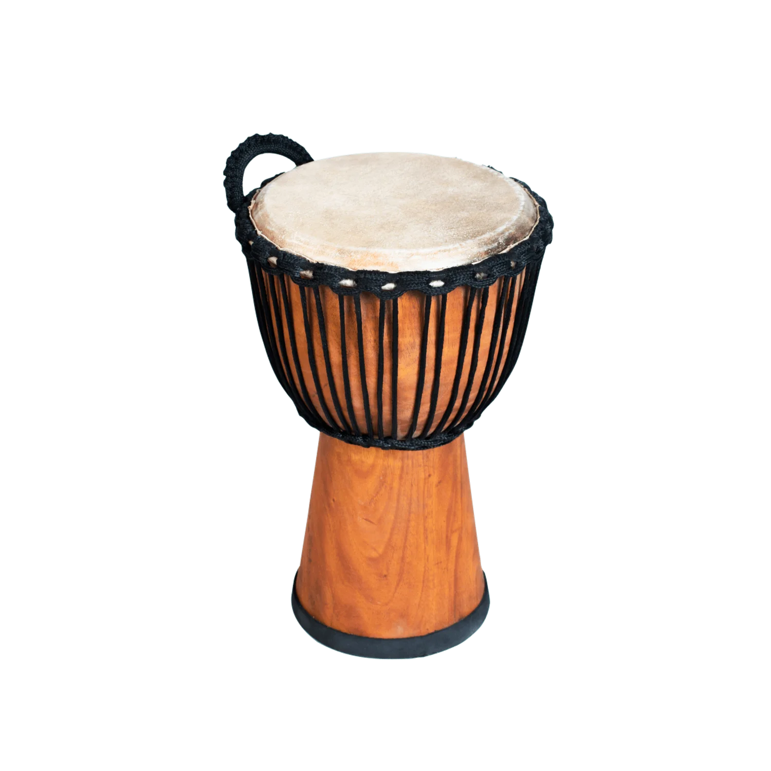 9 inch Pro Wide Top wooden djembe drum - 35cm high with goatskin head, rope tuning, carry handle, and smooth natural wood finish.
