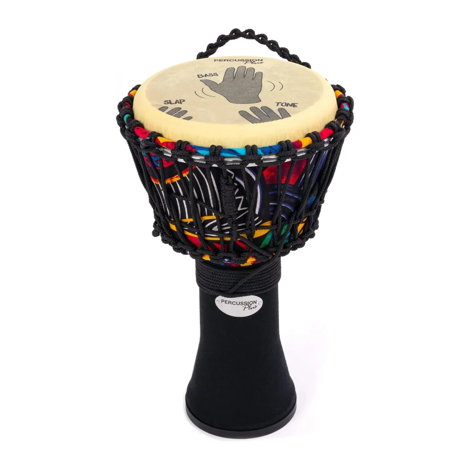 Percussion Plus rope tuned Slap djembe with printed bass, tone and slap guide on the drum head