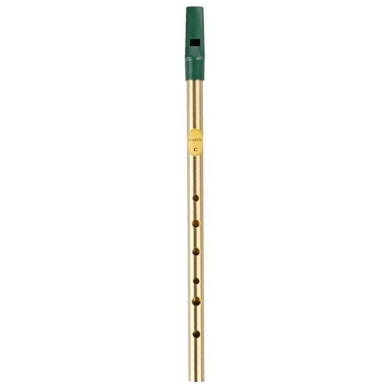 Feadóg brass C whistle with green mouthpiece and six finger holes