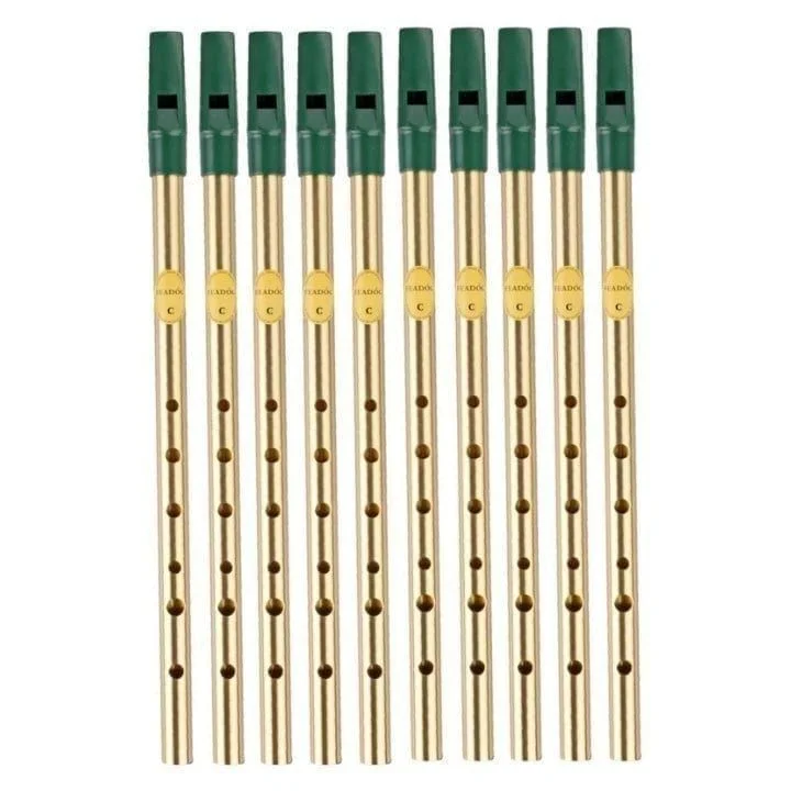 Feadóg Irish whistle in C, brass tubes with green mouthpieces; 10-pack lined in a row