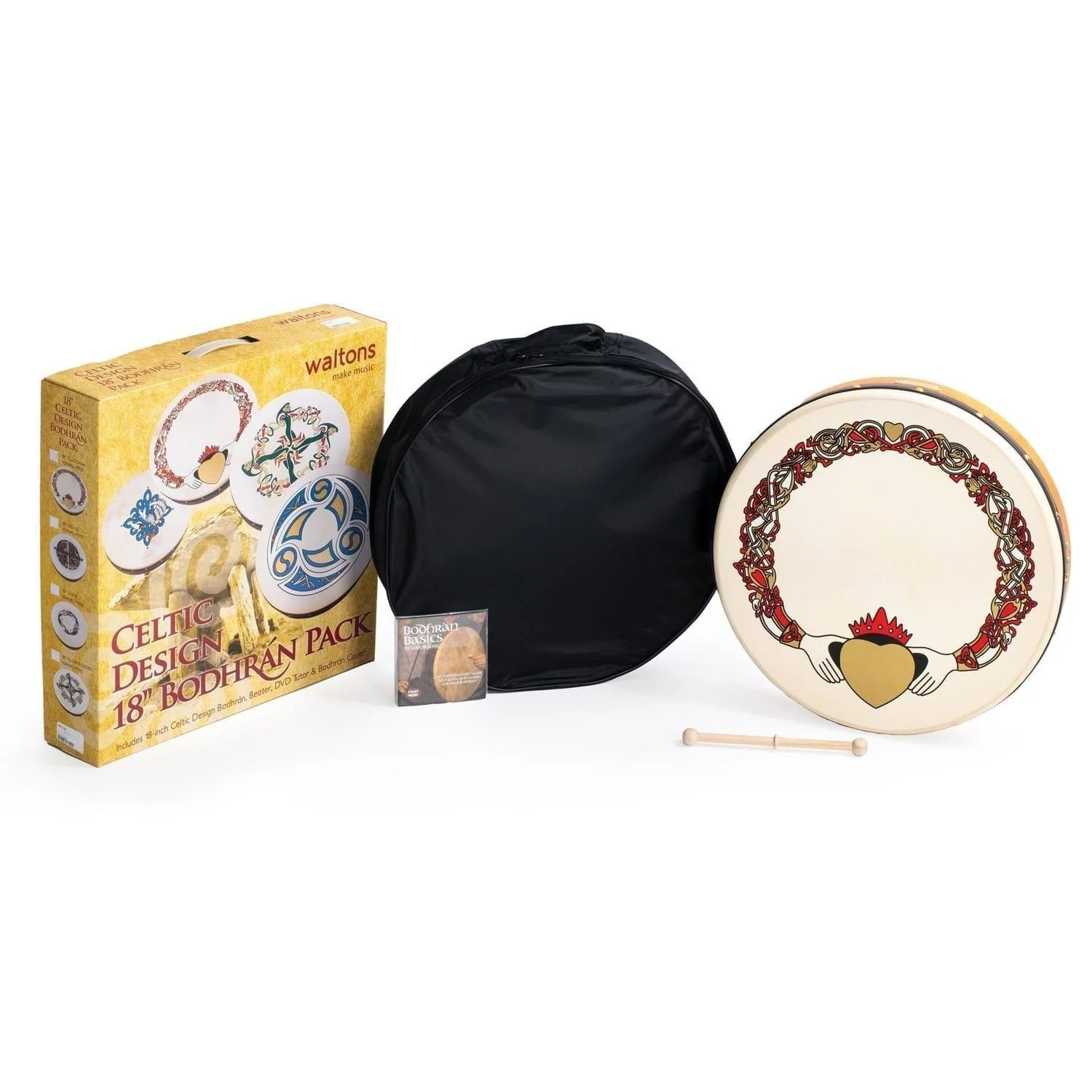 Percussion Plus - 18" Bodhran Claddagh with bag, tipper & DVD
