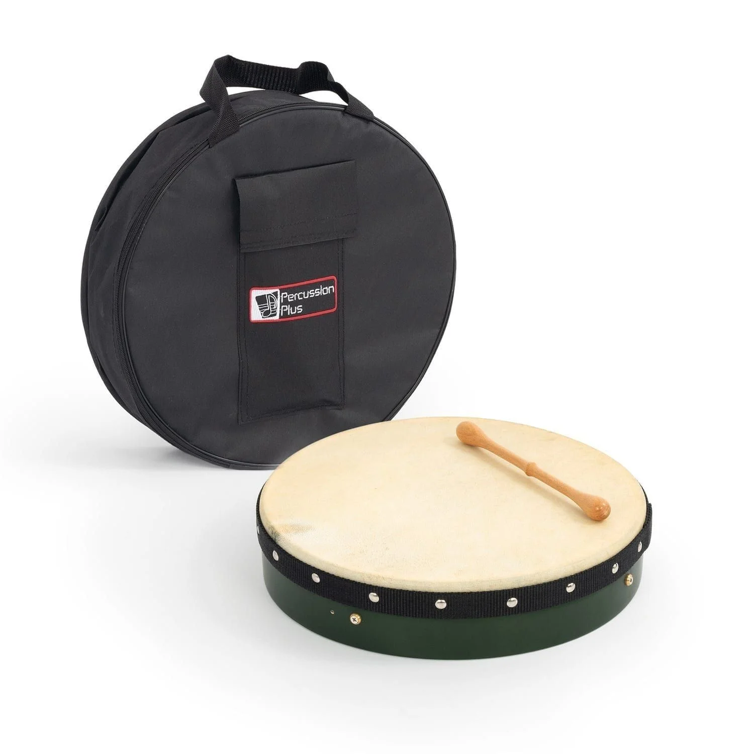 Percussion Plus 14″ bodhran drum with skin head, wooden tipper and black padded carry bag