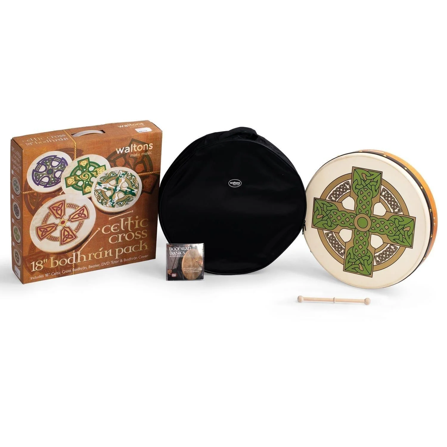 Percussion Plus 18" Bodhran Cloghan Cross with bag, tipper and DVD