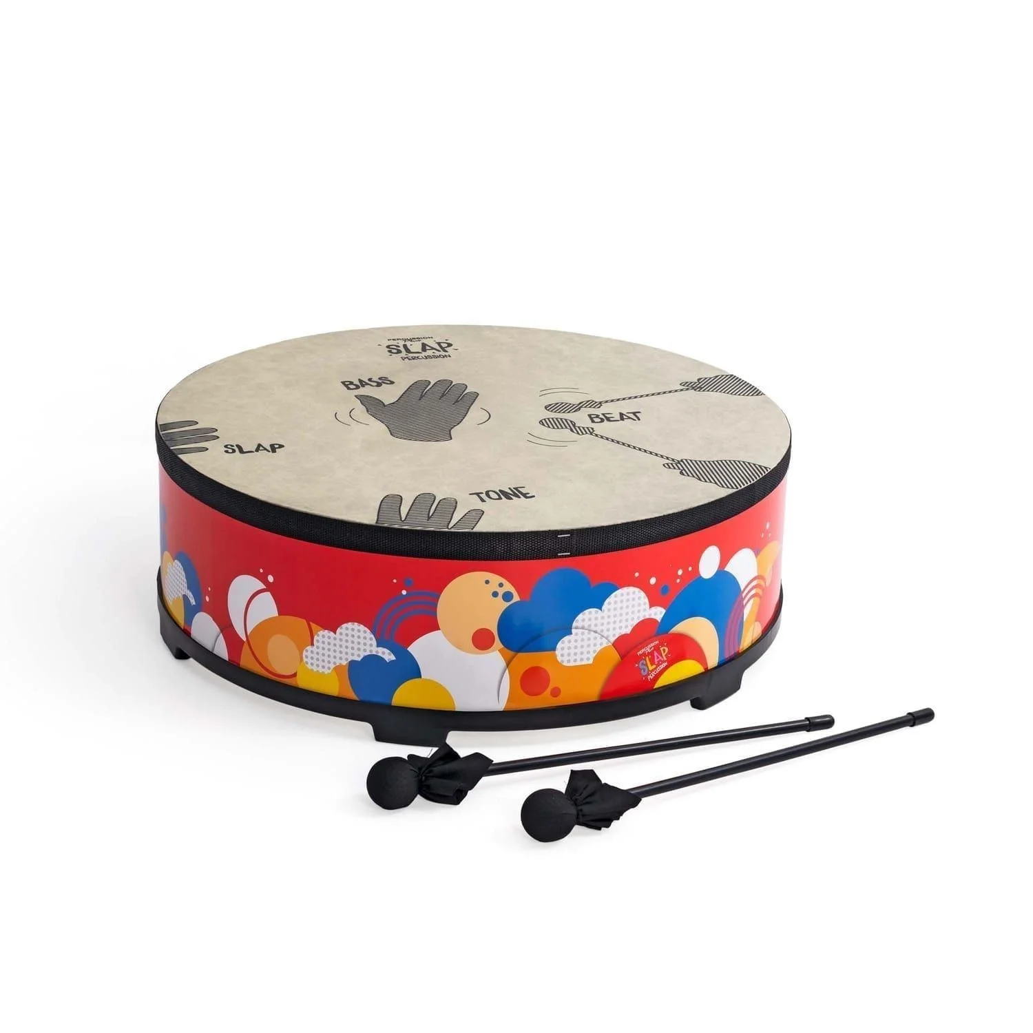 Slap drumming gathering drum with printed play zones, red shell, and two soft beaters