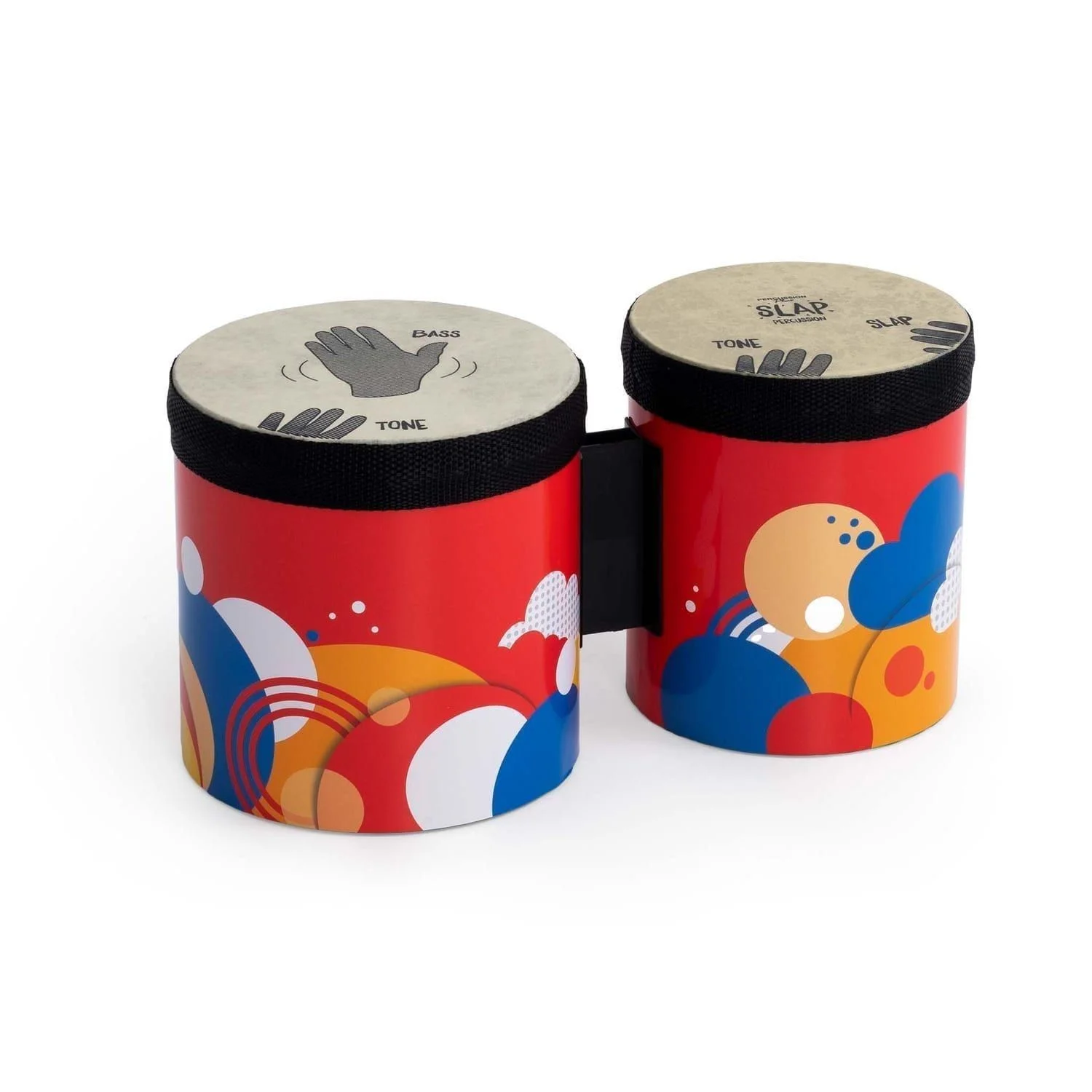Percussion Plus Slap drumming bongo drum set with 'bass', 'tone' and 'slap' hand guides and red shells with colourful pattern