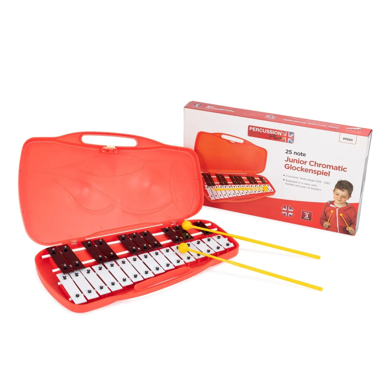 Percussion Plus 25 note chromatic junior glockenspiel with Case in red carry case with yellow beaters