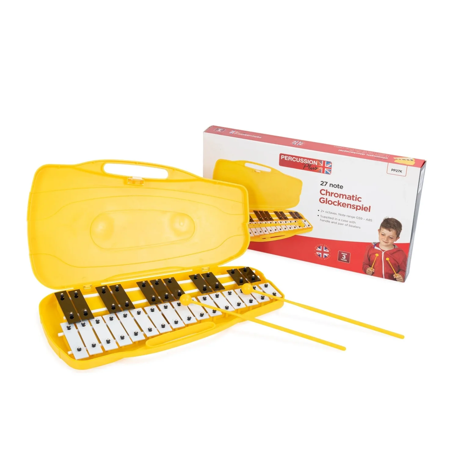 Percussion Plus 27 note chromatic glockenspiel in yellow carry case with beaters