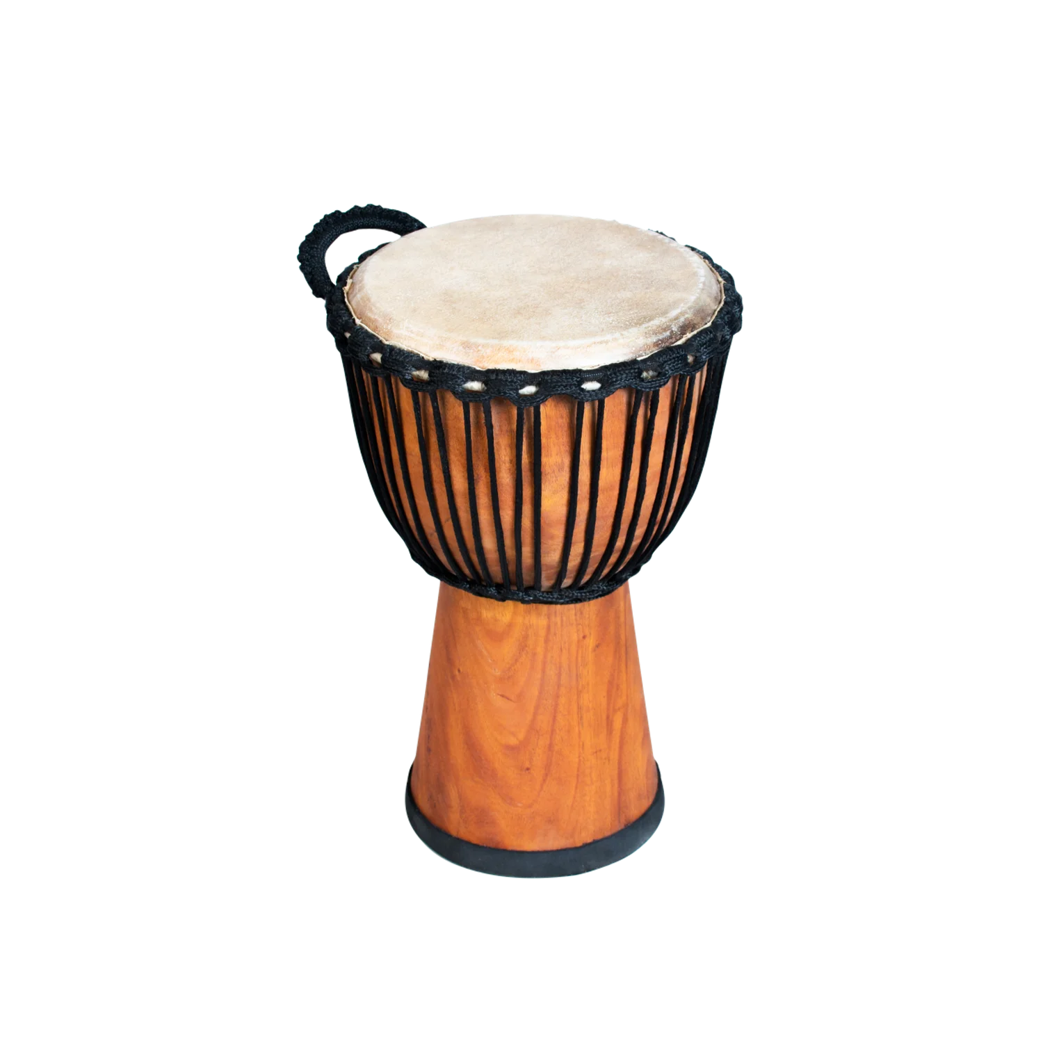 10 inch Pro Wide Top Wooden djembe (40 cm high) in natural wood with rope tuning, goatskin drumhead, carry handle and rubber base.