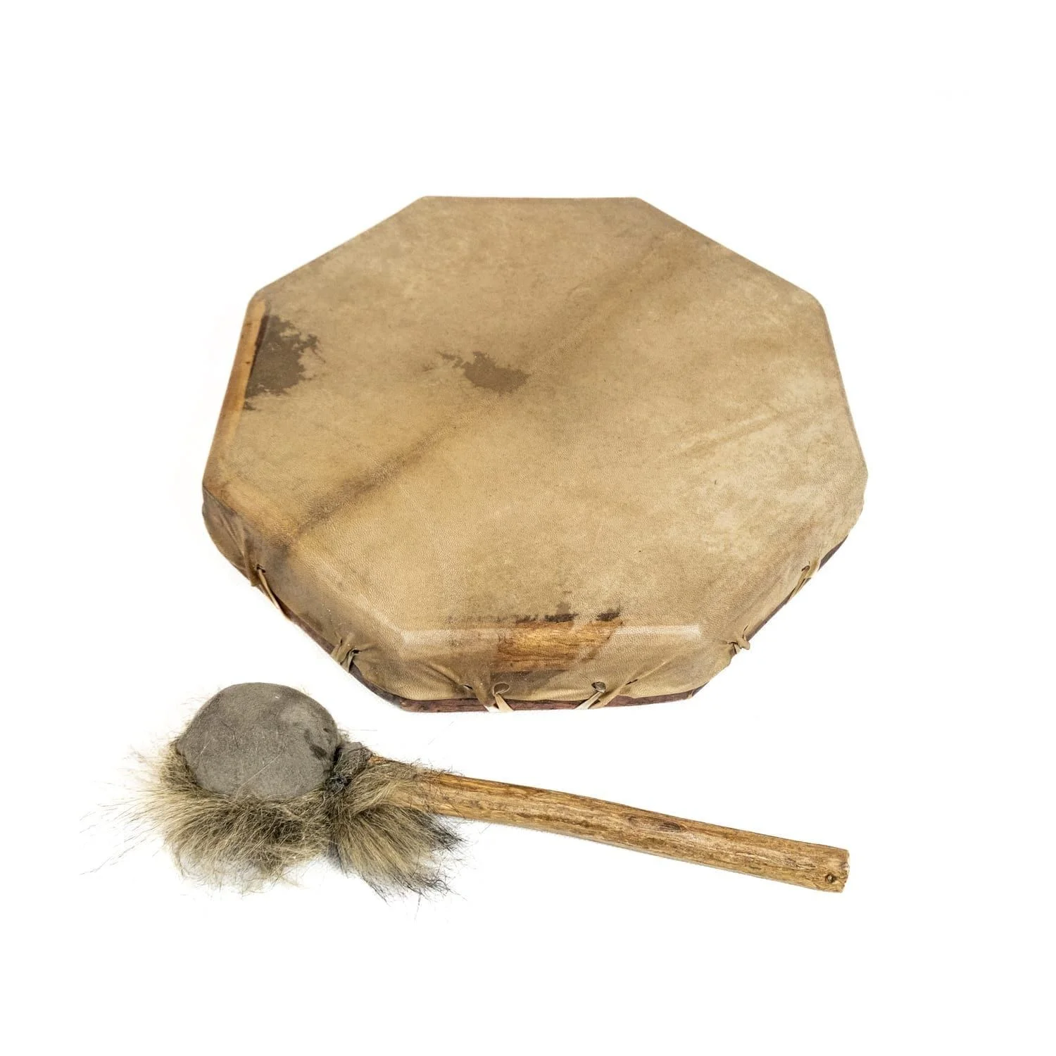 12 inch Natural Shaman Drum, octagonal goatskin head with laced rim, shown with padded beater