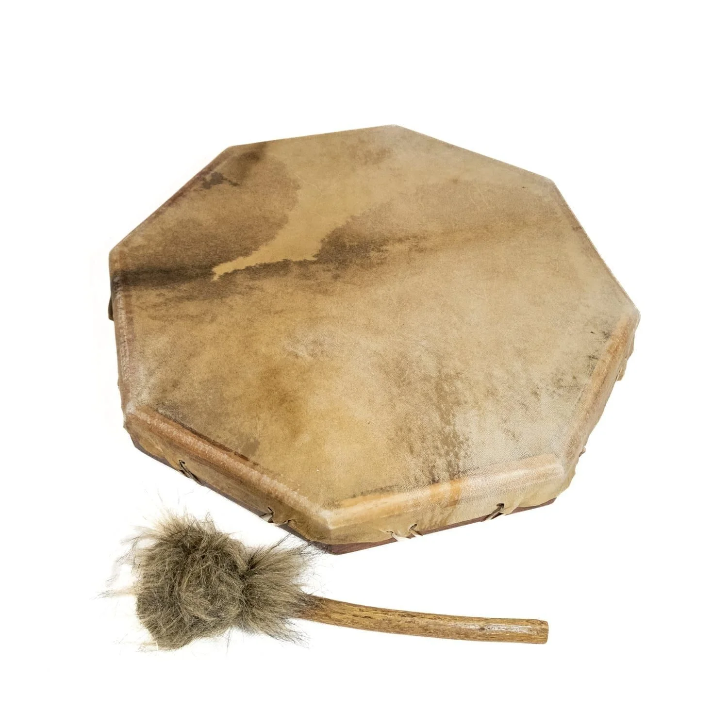 16 inch Natural Shaman Drum, octagonal goatskin head with lacing, shown with plush beater, 40cm