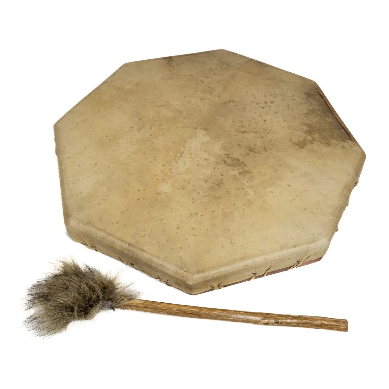 20 inch Natural Shaman Drum, octagonal goatskin head with laced rim, shown with plush beater