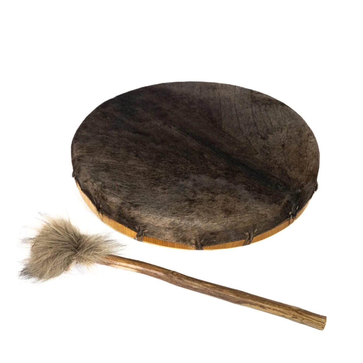 18 inch round hair Shaman Drum, round goatskin head with hair, 45cm frame, shown with fur-tipped beater