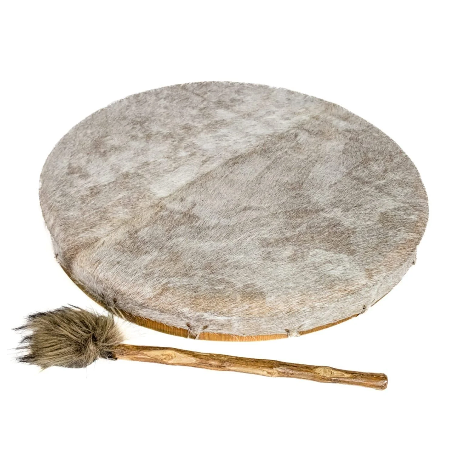28 inch Shaman Drum, round hairy goatskin head with laced rim, shown with plush beater