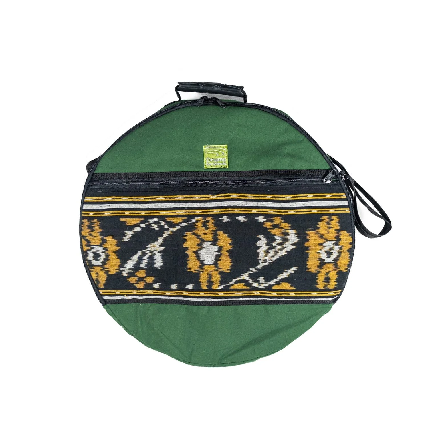 18 inch Shamanic Drum Bag, round green case with patterned front zip pocket, top handle and shoulder strap