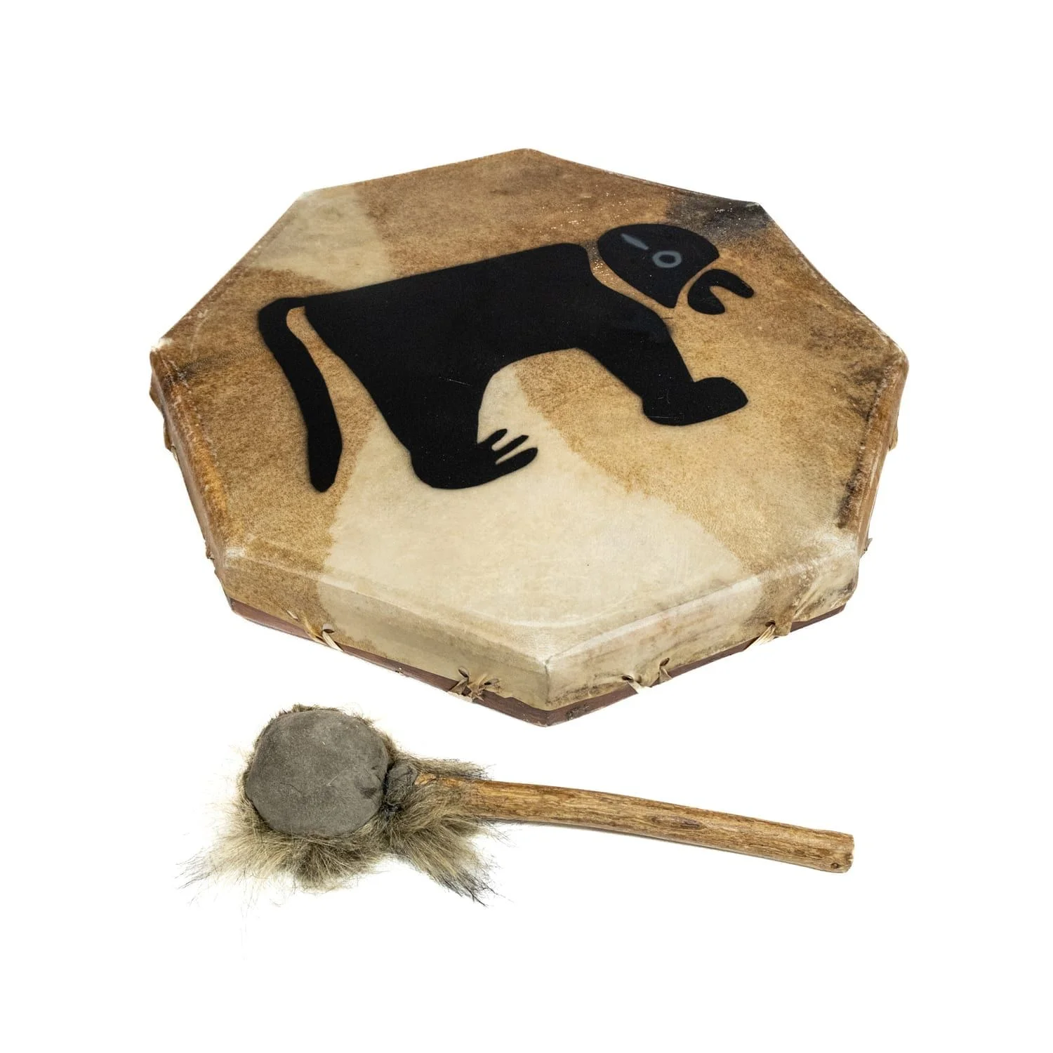 16 inch Painted Shaman Drum, octagonal goatskin head with black animal motif, 40cm, supplied with padded beater