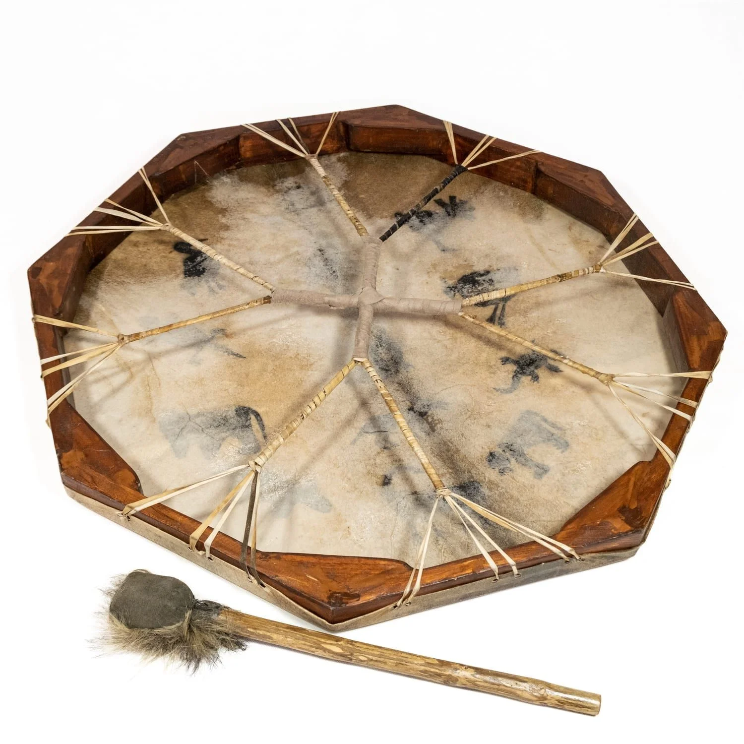 Photo of Drums for Schools Shaman Drum – 28in (70cm) diameter (OW-shdrpa70), painted, and its double-sided beater. back side. This octagonal frame drum has a variety of beautiful African animal designs painted on the goatskin playing surface.