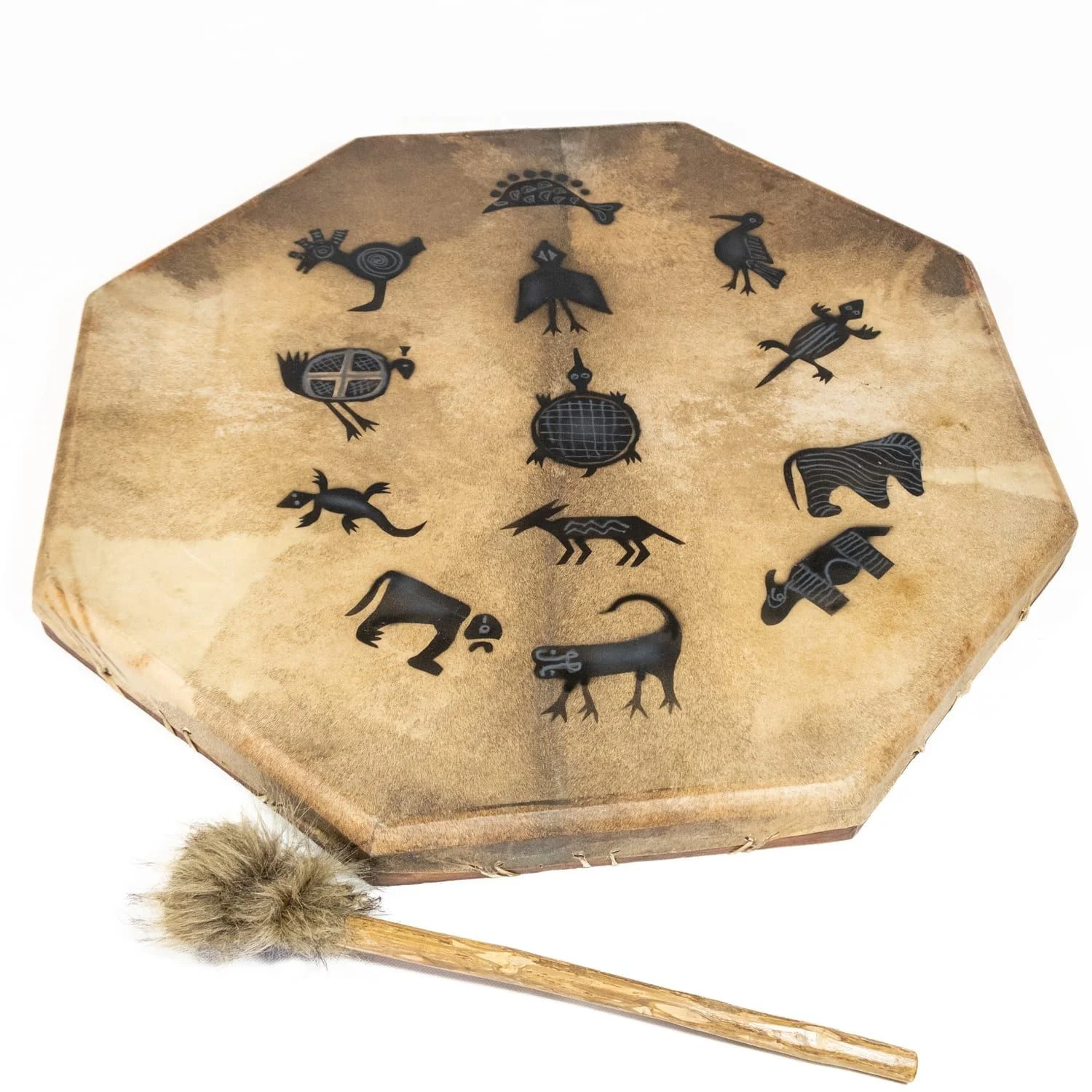 28 inch Painted Shaman Drum, octagonal goatskin with black shadow animal motifs, shown with plush beater