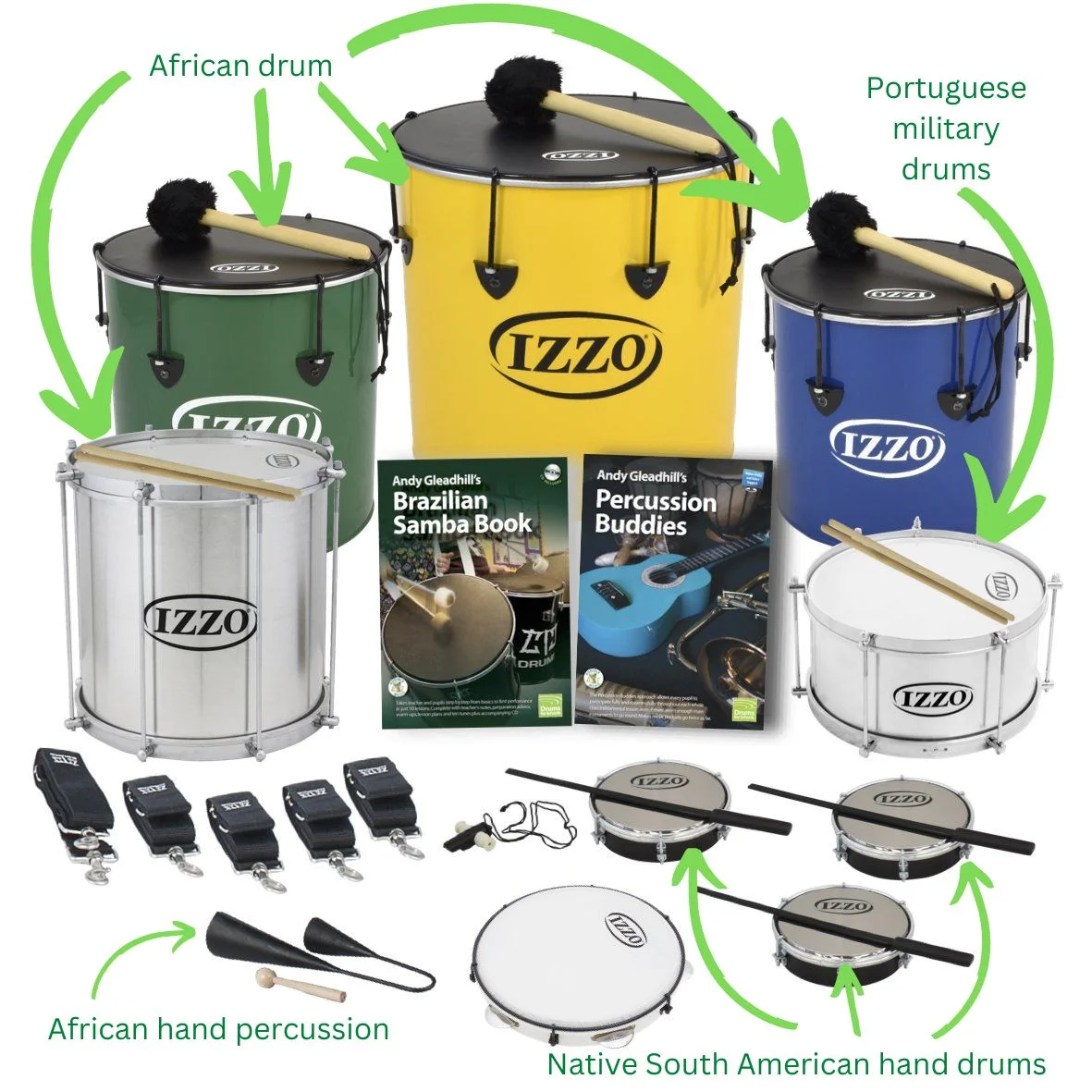 Samba Music History and Instruments: Izzo samba set with green, yellow, blue surdos, tamborims, agogô, straps and two teaching guides