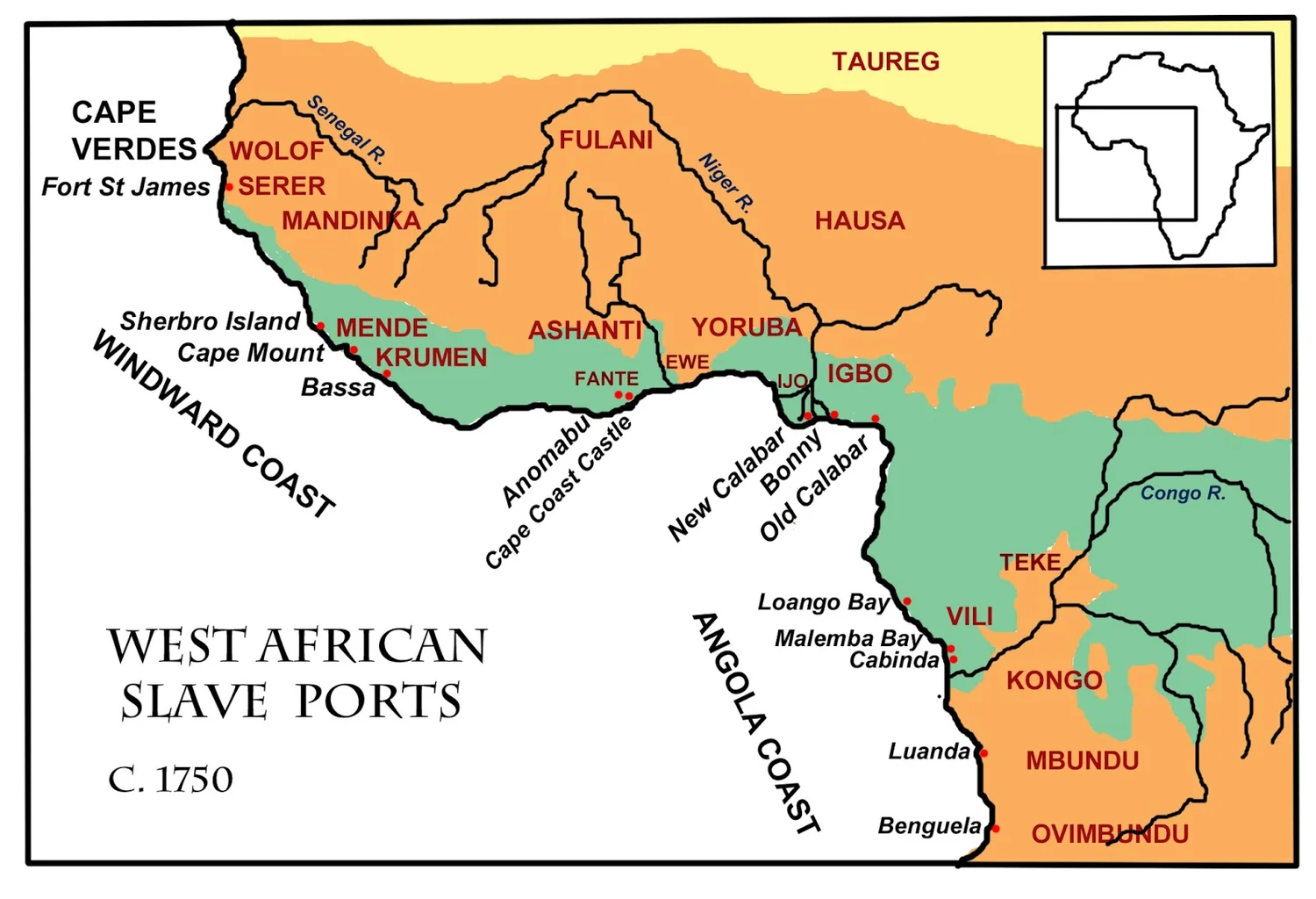 History of Samba Music: West African slave ports map c.1750 with red coastal dots and labels Yoruba and Igbo