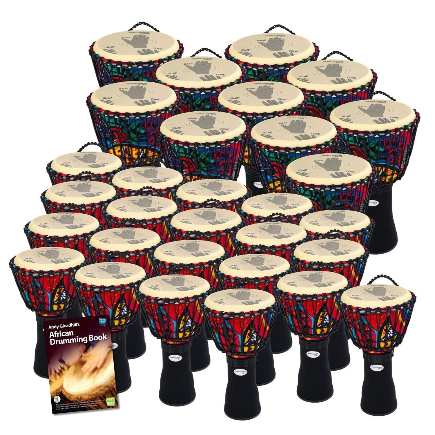 30 Secondary Rope tuned Slap Djembe Drum Pack with rope-laced shells, hand-position guides, and Andy Gleadhill’s book