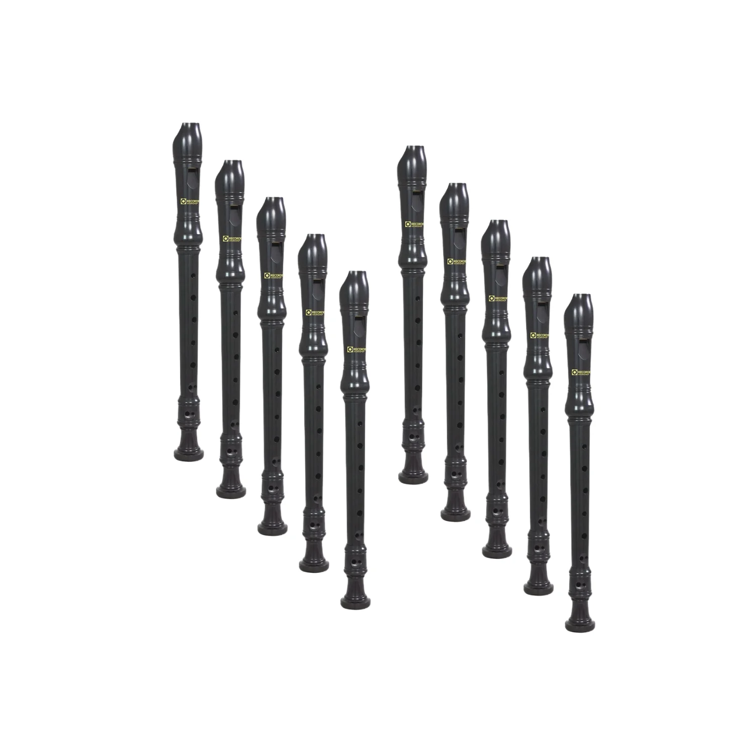 10 Recorder Ensemble Set of black recorders arranged upright, with finger holes and beak mouthpieces