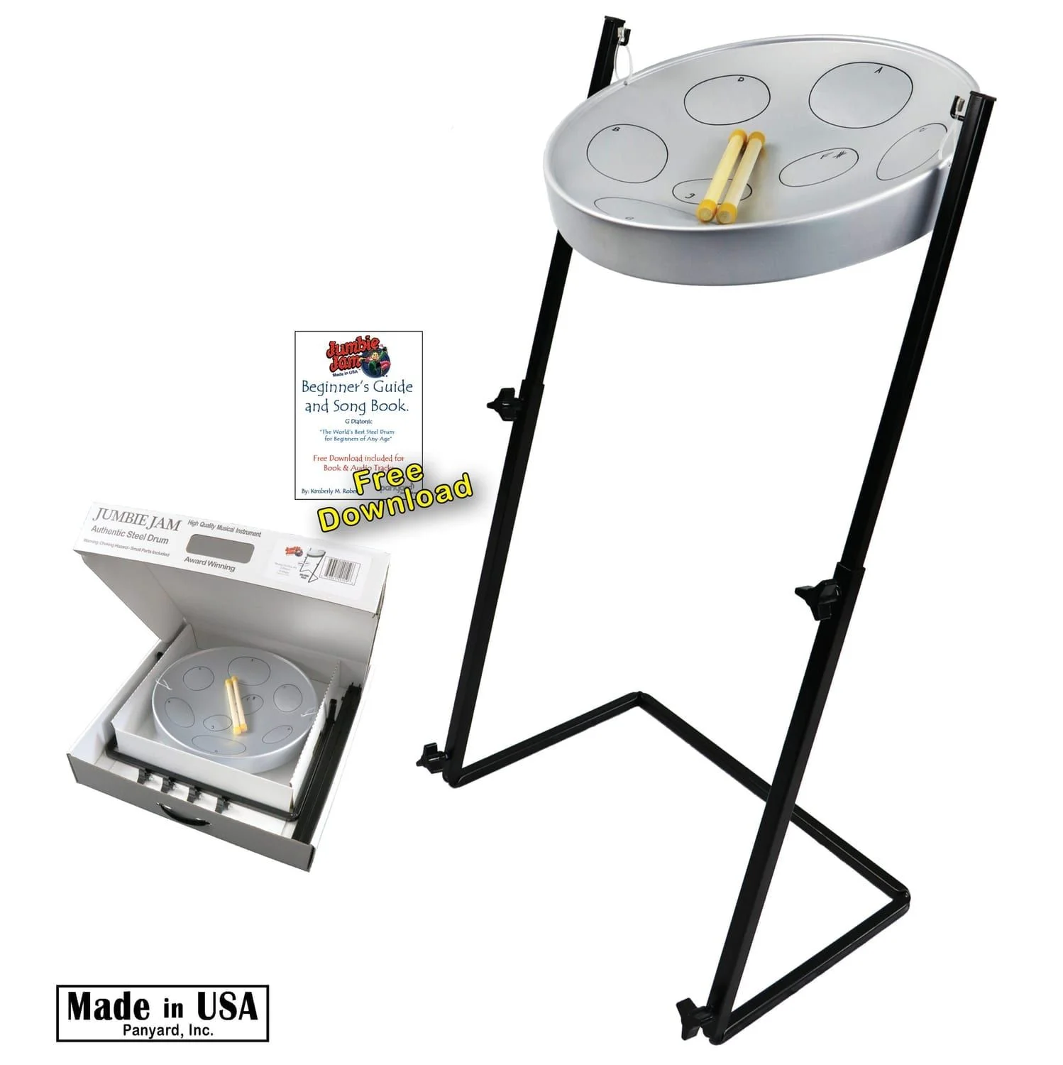 Jumbie Jam steel pan – floor-standing grey model with Z stand, ideal for beginner and classroom steel drum players.