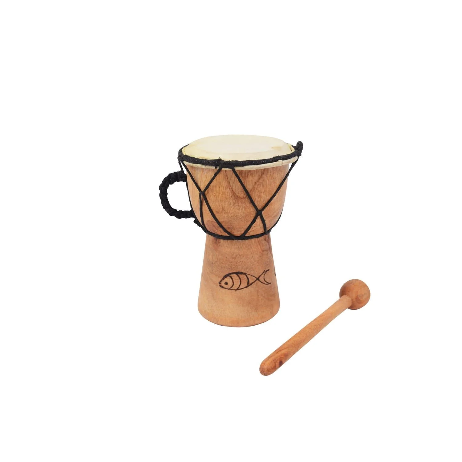 3.5 inch carved mini djembe drum with rope-laced head, supplied with wooden beater