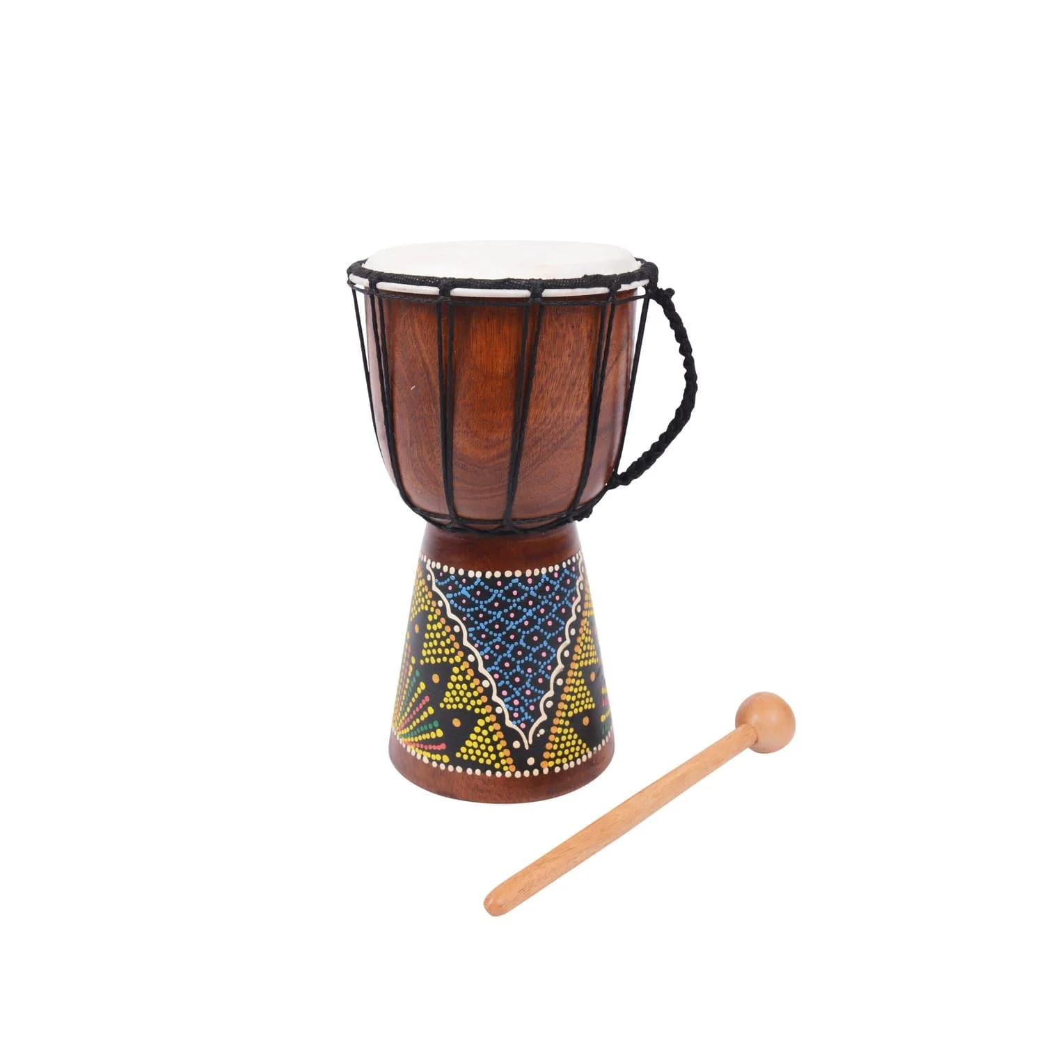 5 inch Educator Star djembe with hand-painted base, rope handle and wooden beater